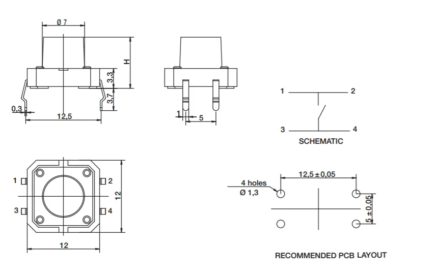 

10 . PTS125SM85 : 12*12*8,5 4-pin S