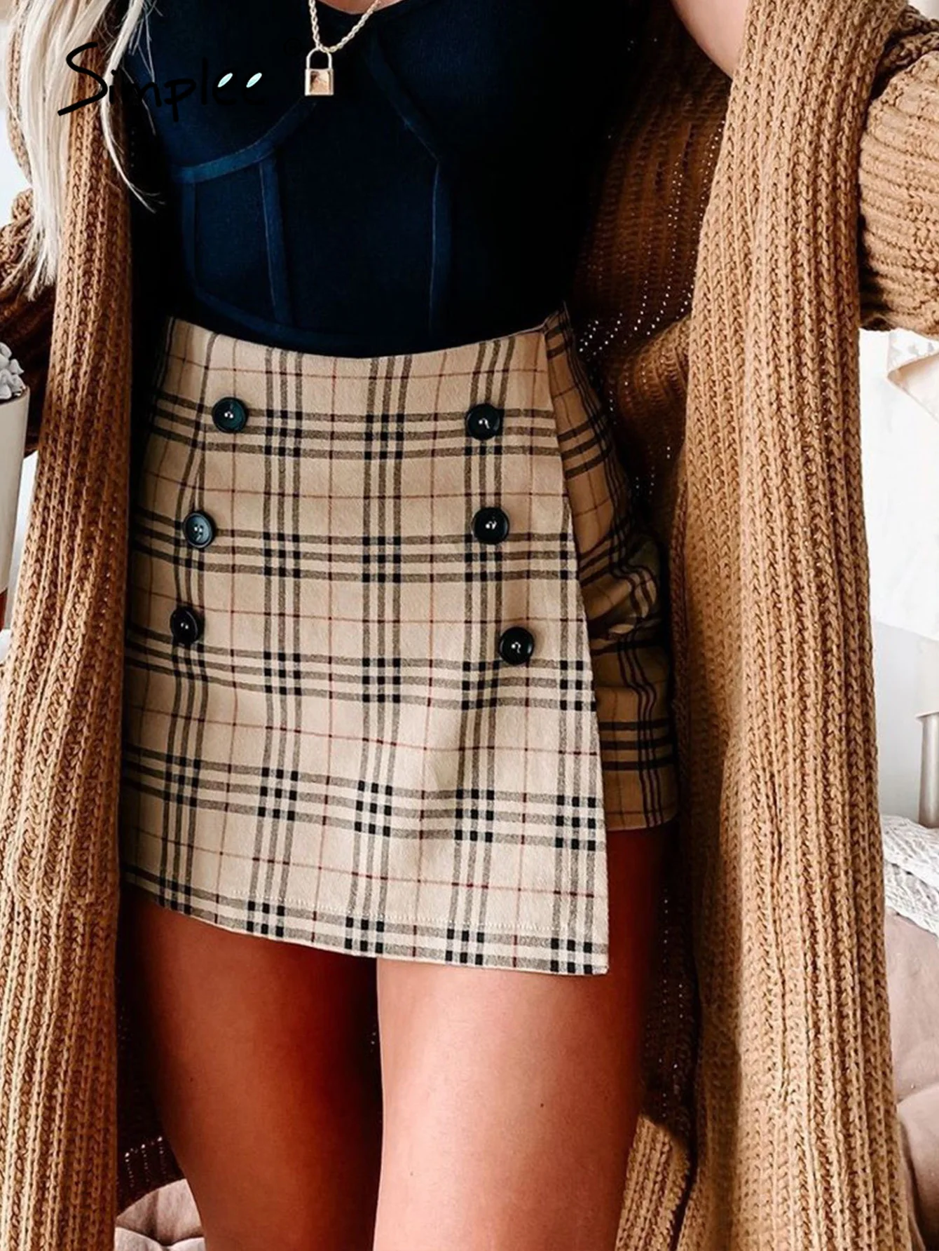 

Simplee Office lady plaid zipper suit shorts black khaki Classic pattern zipper women's shorts A-line high waist vintage bottom