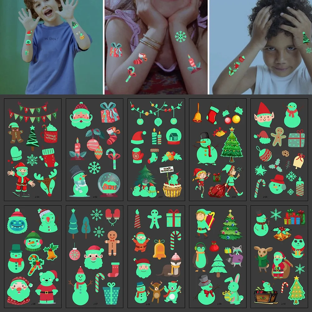 

10 pcs Waterproof Luminous Christmas Temporary Tattoos Stickers Christmas Party Decorations for Kids LKS99