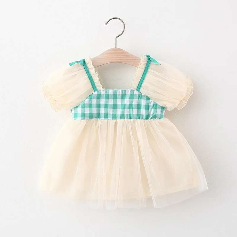 Baby Princess Dress Summer New Plaid One-piece Dress Korean Short-sleeved Tutu Dresses Infant Mesh Children Clothes