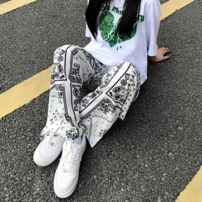 

QWEEK Harajuku Streetwear Black Wide Leg Pants Women Baggy Korean Style White Oversize Tie Dye Print Trousers For Female Hippie