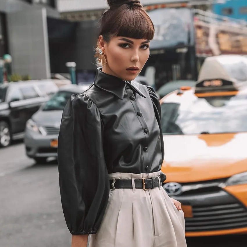 Женская винтажная блузка из искусственной кожи черная однобортная Повседневная