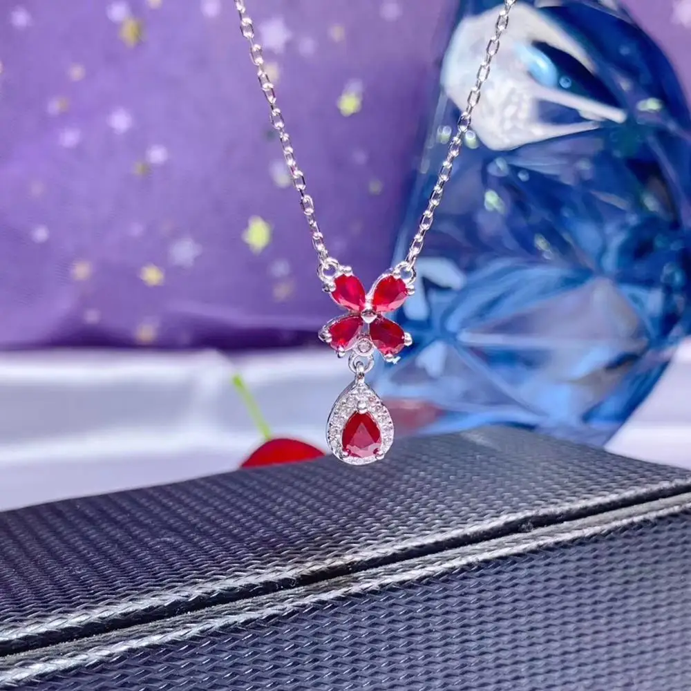 

Natural red ruby Necklace Natural Gemstone Pendant Necklace 925 sliver Elegant lovely Clover water drop women party fine Jewelry