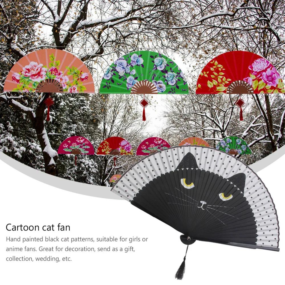 

Cartoon Cat Folding Silk Fan Handheld Fan (Black)