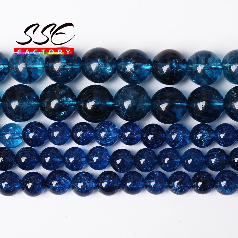 

A+ Natural Blue Crackle Crystal Stone Beads Blue Crystal Round Loose Beads 15" Strand 4 6 8 10 12MM Pick Size for Jewelry Making