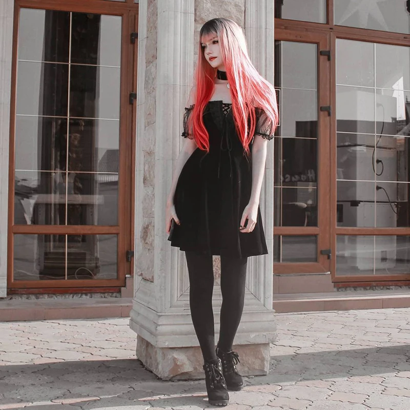 

Halter Black Dress Transpanent Lace Short Sleeve High Waist Mini Dress Gothic Punk Hip Hop Grunge Sexy Party Dress Summer Women