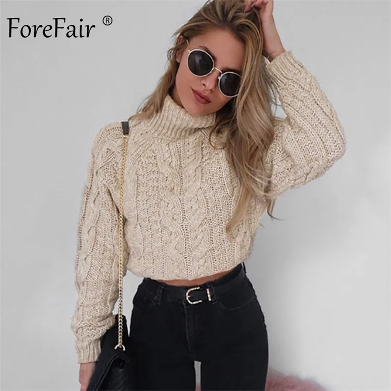 Forefair, водолазка, вязаный короткий свитер для женщин, зима, длинный рукав, короткий пуловер, осень, однотонный, тонкий, Повседневный, женский джемпер