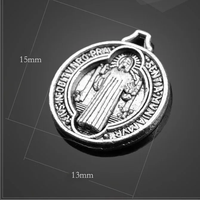 

High Quality 50 Pieces/Lots 13mm*15mm Antique Silver plated Round Tag Religious Charm Benedict Medal Charms Wholesale
