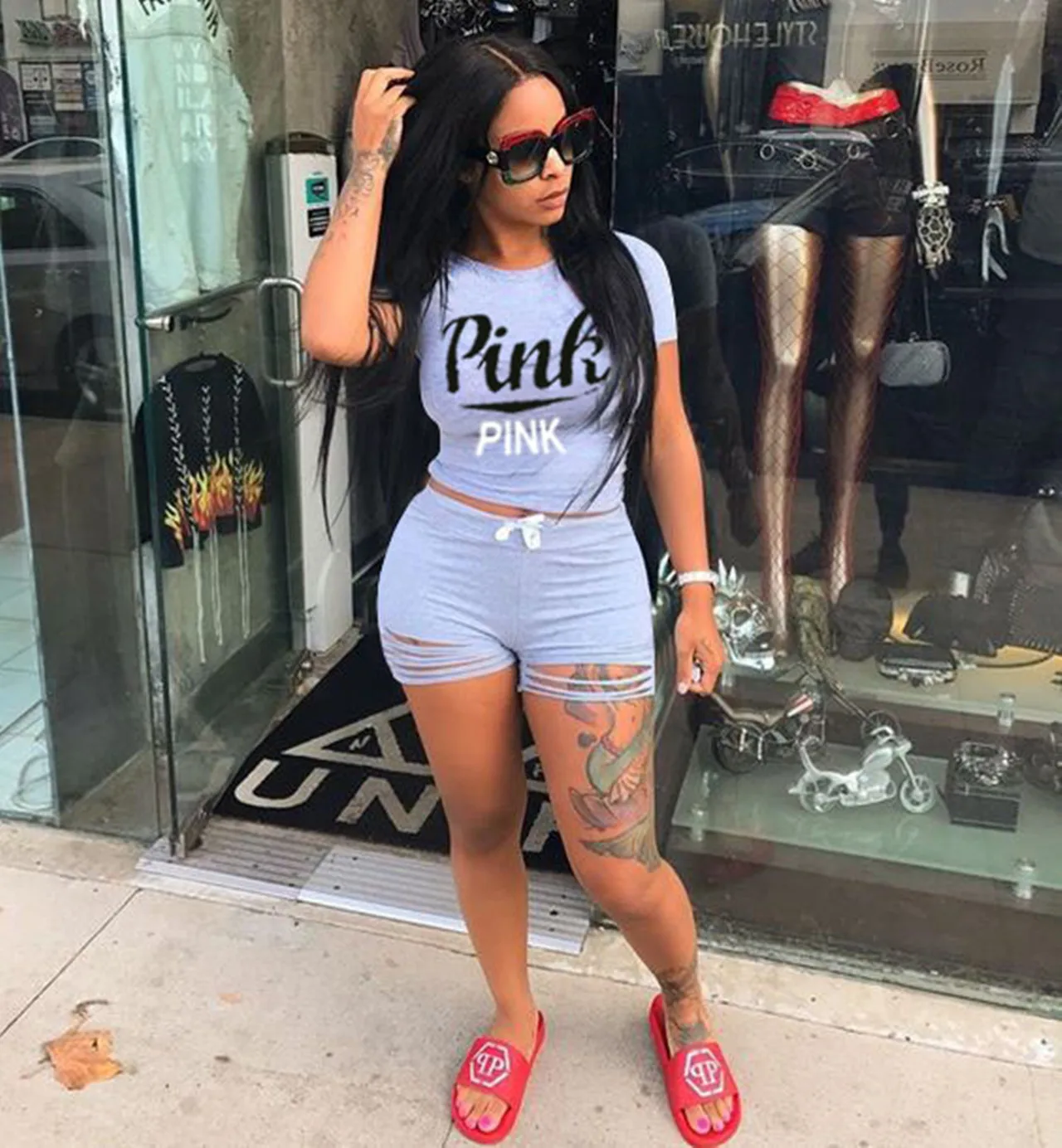 

2022 Pink Letter Print 2 Piece Set Tracksuit Women Top And Hollow Pants Casual Outfit Sweatshirts Two Pcs Sportwear 3XL Dropship