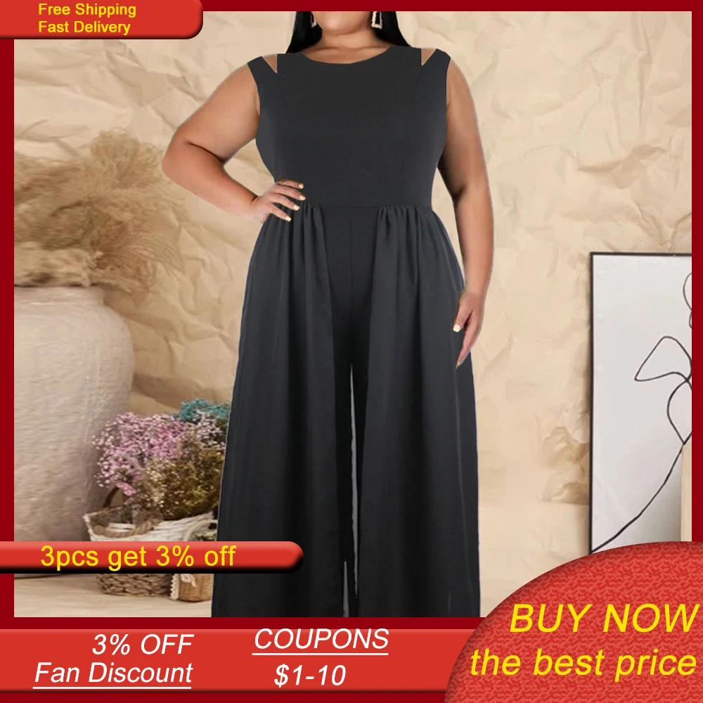 

Summer Women Jumpsuit One Piece Outfits Round Neck Sleeveless Splicing Chiffon Wide Leg Pants Female 2021 Fashion Commute