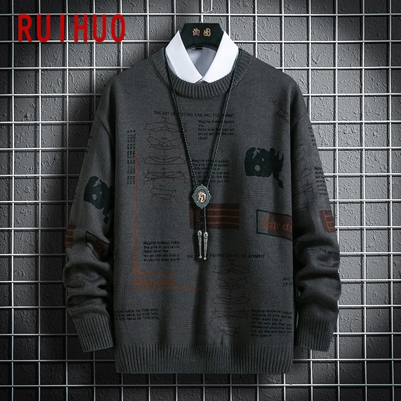 

RUIHUO Letter Print Sweater Men Clothing 2021 Fashion Harajuku Sweaters Pullover Men Sweater Winter Clothes Men M-3XL