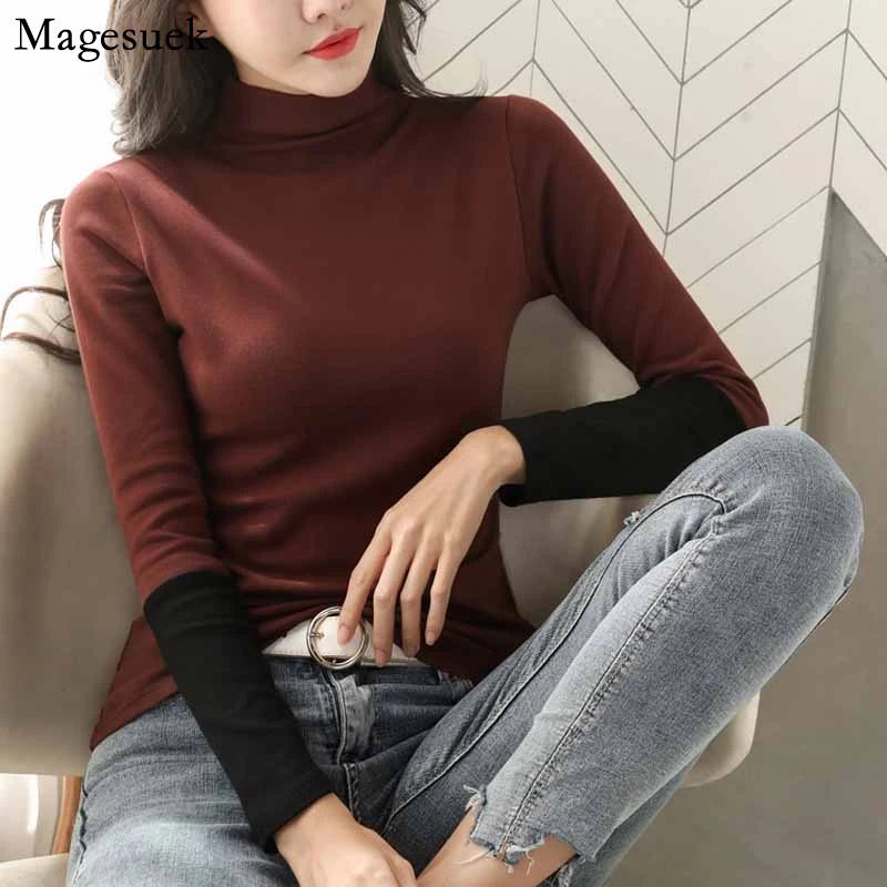 

Повседневная Хлопковая женская рубашка с воротником «хомут», модная однотонная облегающая Осенняя кофта с длинным рукавом, пуловер с прост...