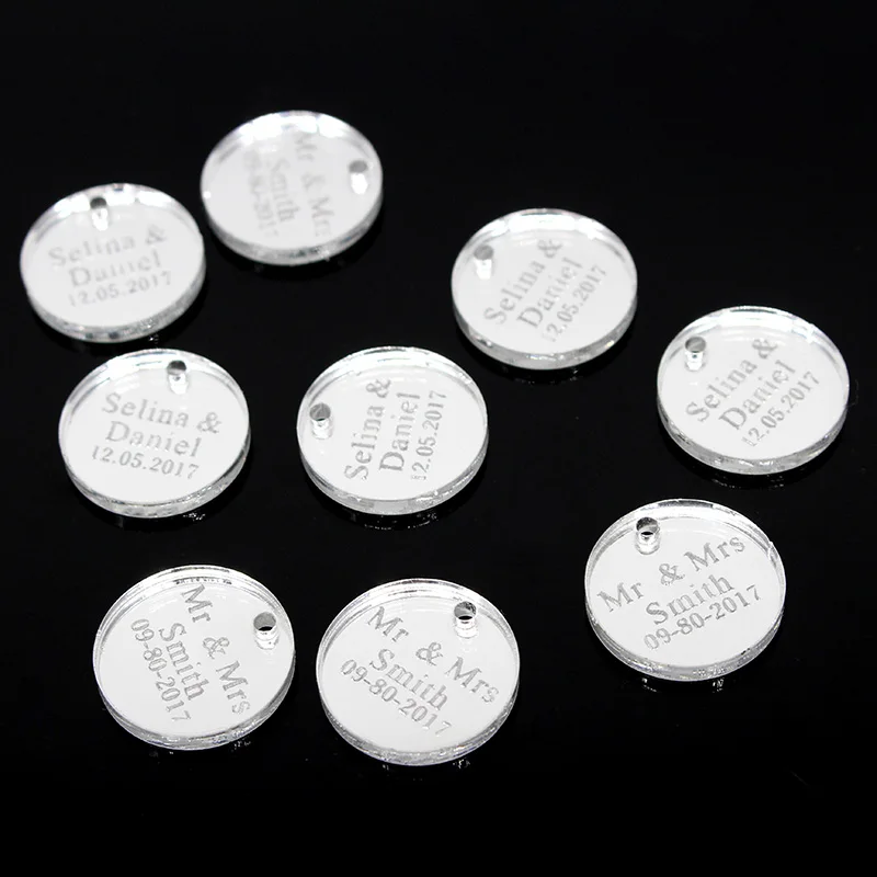 Silver With Hole 60 шт. персонализированные Выгравированные круглые бирки с отверстием пользовательские круглые этикетки ленты Декор деревенский Свадебные бирки крестины вечерние сувениры - Цвет: Silver With Hole