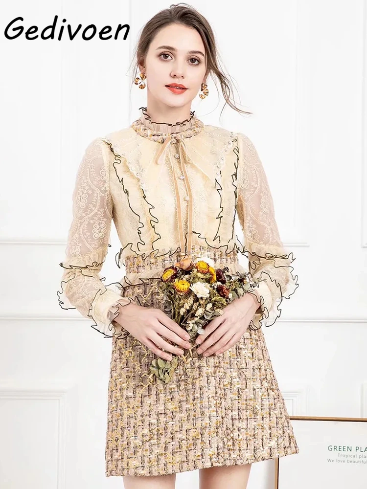 

Gedivoen Runway Designer Spring Sweet Short Dress Women's Long Sleeve Lace Embroidery Ruffles Sequins Patchwork Tweed Dresses