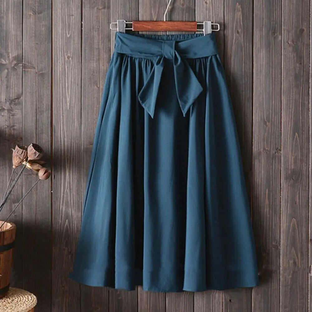 

Midi Knee Length Spring Summer Skirt Women Bow Belted2021 Fashion Korean Ladies High Waist Pleated A-line School Skirt Female