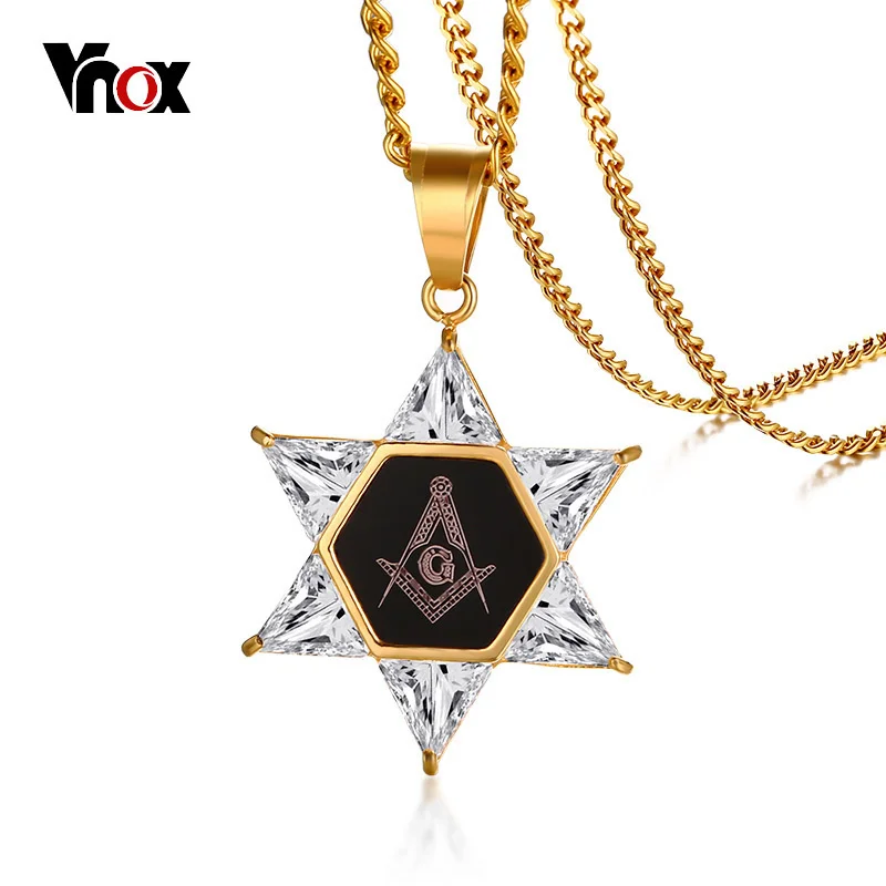 

Новинка Vnox Шестигранная масонская Звезда Давида, кулон для мужчин и женщин, ожерелье с фианитами из нержавеющей стали, масонская кладка, пов...