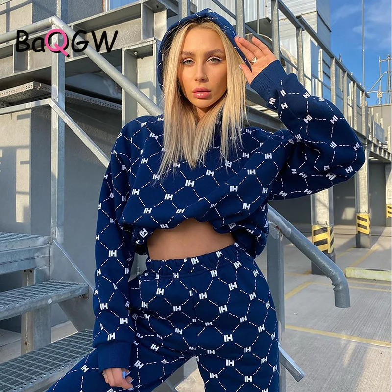 

HI Letter Print Sweatsuit Women's Set Hooded Long Sleeve Crop Top Jogger Pants Set Tracksuit Fitness Autum Two Piece Set Outfits