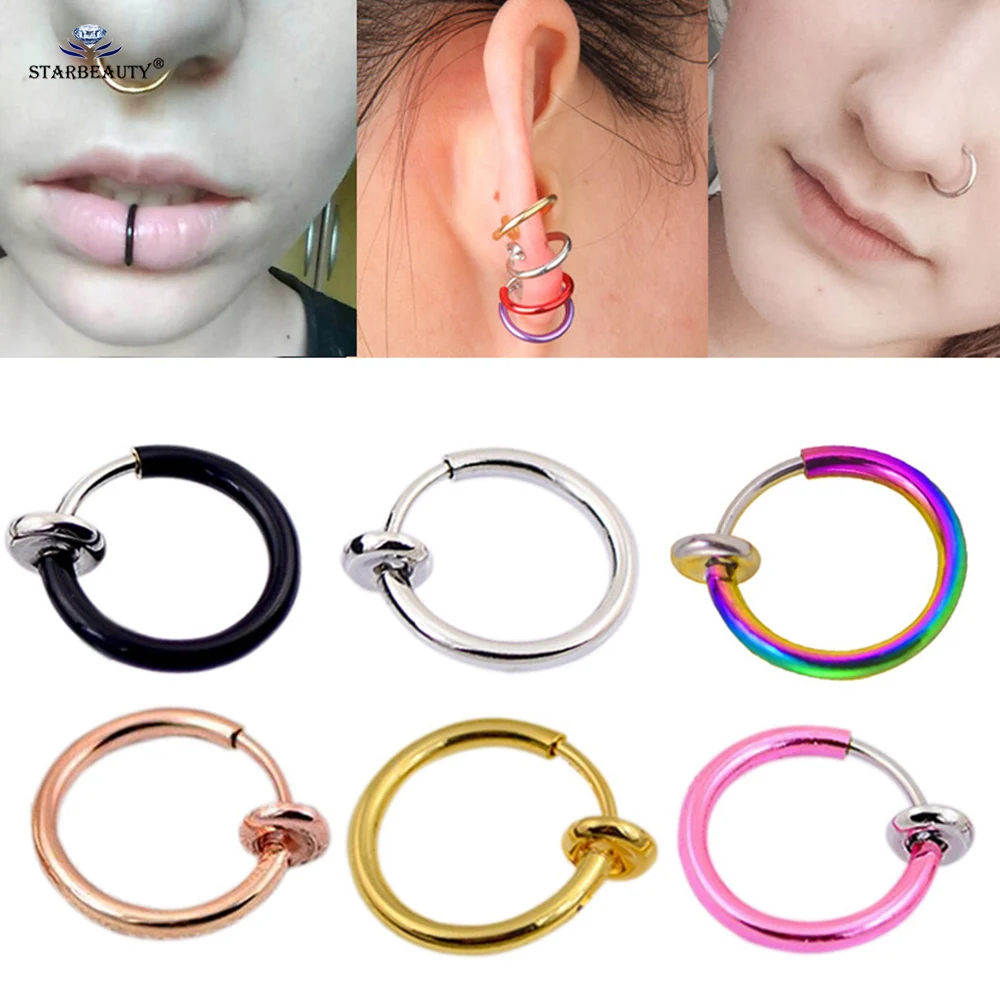 

Starbeauty 2Pcs 0.8x10mm Labret Piercing Lip Fake Nose Ring Hoop Septum Rings Faux Nose Piercing Ear Clip Earrings Helix Jewelry
