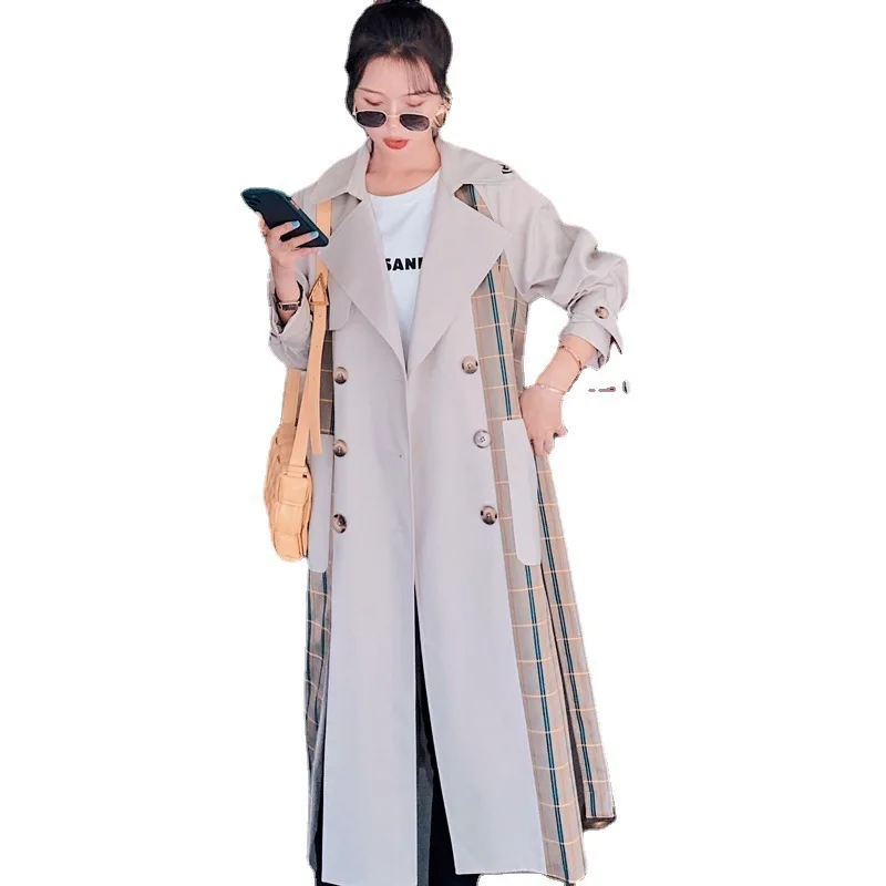 

Contrast stitching long windbreaker women's British style over knee temperament new fashion coat lapel trench coat for women