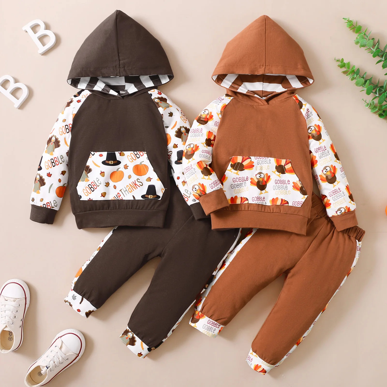 

Infant Thanksgiving Day Outfits Kids Cartoon Print Long Sleeve Hooded Sweatshirt with Pocket + Color Block Pants 2 Pcs Sets