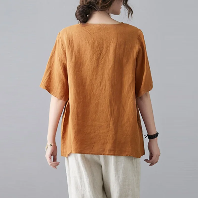 

Women Summer Cotton Linen Casual T-shirts New Arrival 2021 Vintage Style O-neck Loose Female Short Sleeve Tops Tees S3848