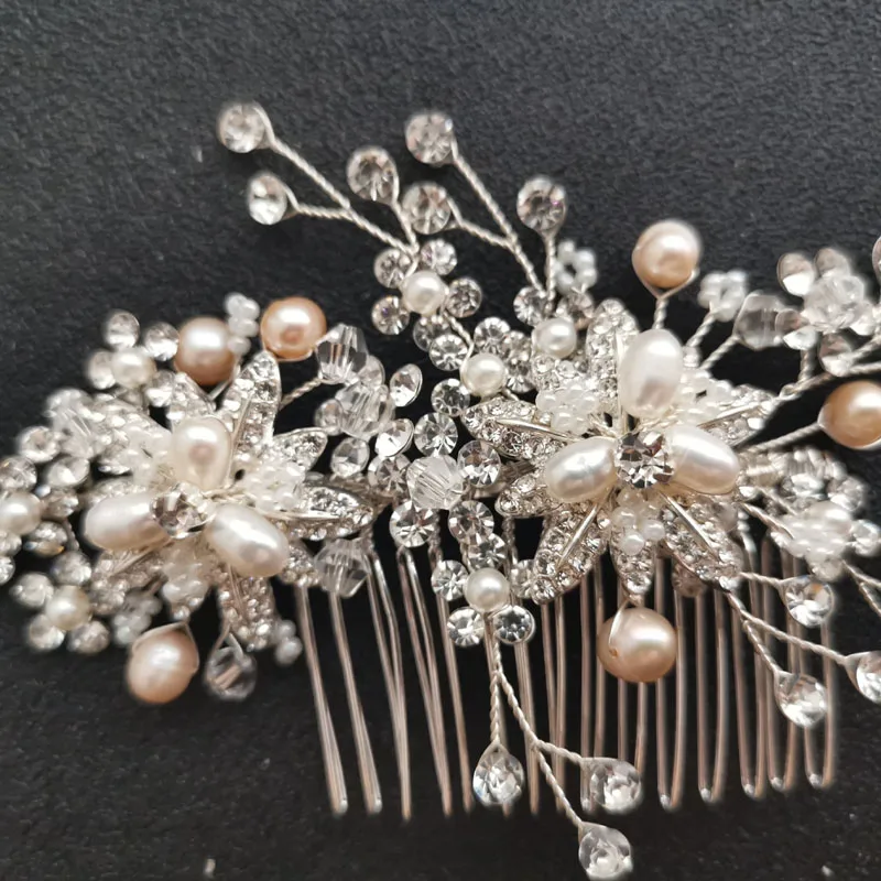 SLBRIDAL Стразы ручной работы кристалл пресноводный жемчуг цветок свадебный гребень