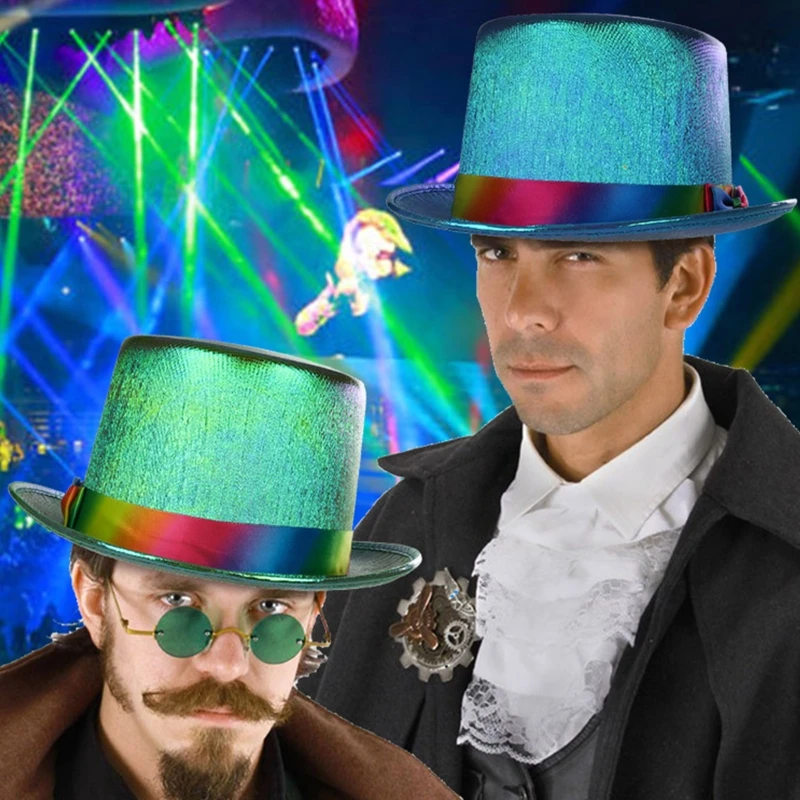 

Unisex Shiny Holographic Metallic Top Hat Rainbow Ribbon Bowknot Fedora Jazz Cap Stage Performance Cosplay Party Props