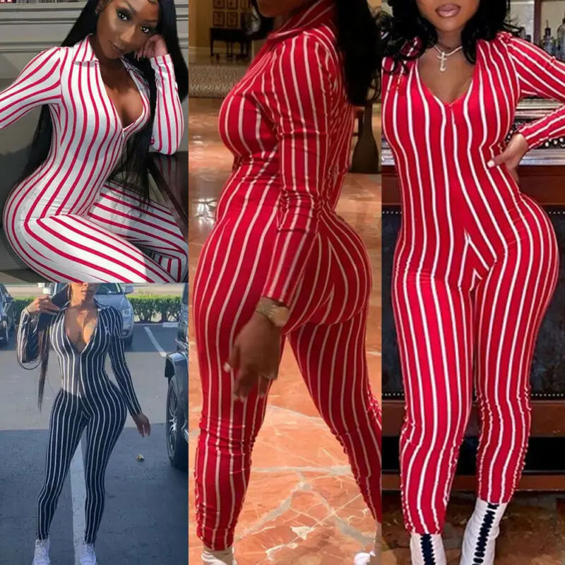 Women Jumpsuit Sexy Deep V-Neck Zipper Stretch Long Sleeve Bodycon Club Striped Playsuit Leotard | Женская одежда