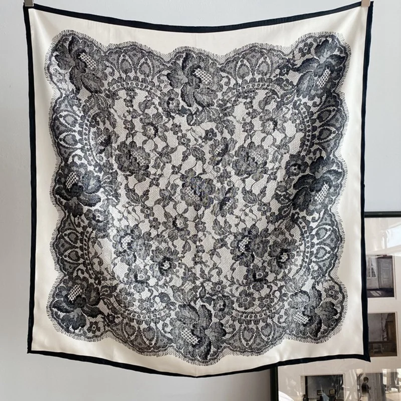 

Lace Print 100% Silk Scarf Neckerchief 2022 Spring Women Large Square Silk Shawl Cape Foulard 35"x35"
