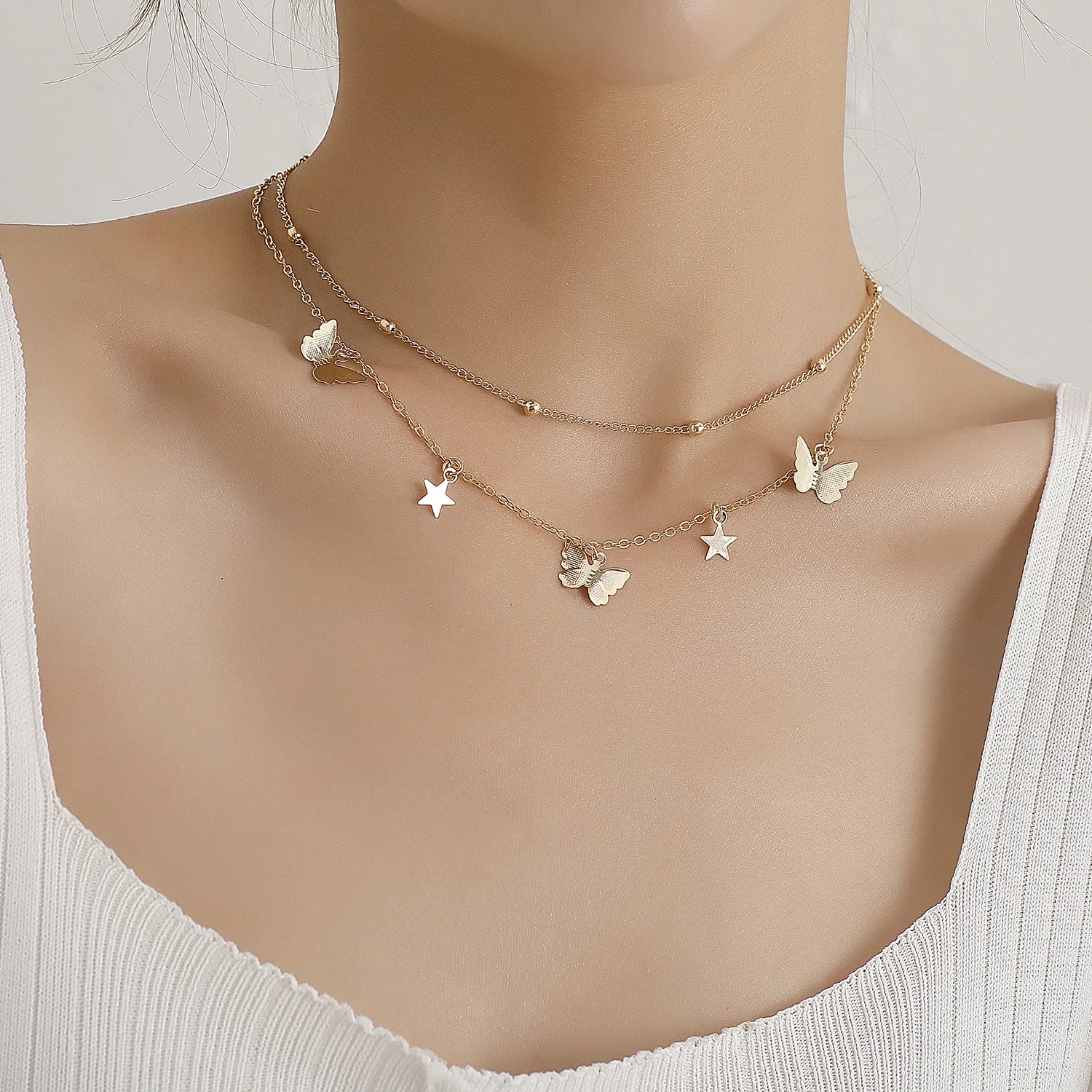 

2021 Hot Sale Butterfly Five-pointed Star Necklace Fashion Double Round Bead Chain Bohemian Simple Necklace