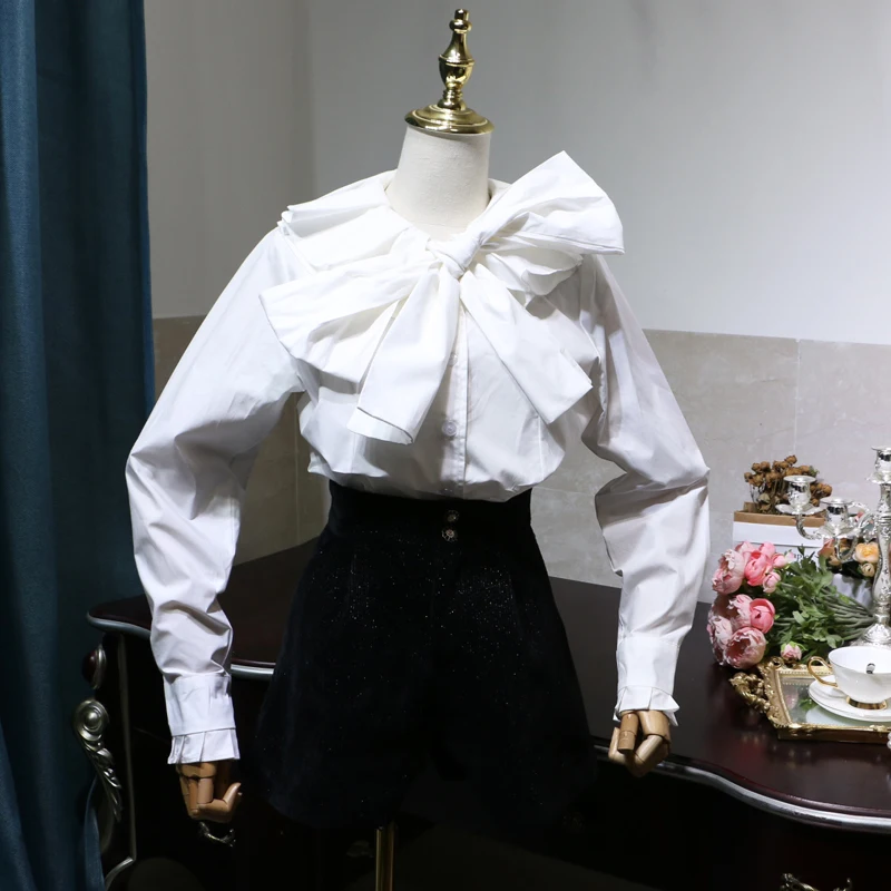 

Spring Palace Style Korean White Shirts Ruffled Doll Collar Shirt Big Bow Loose Cotton Women Tops Long Sleeve Blouse Ladies