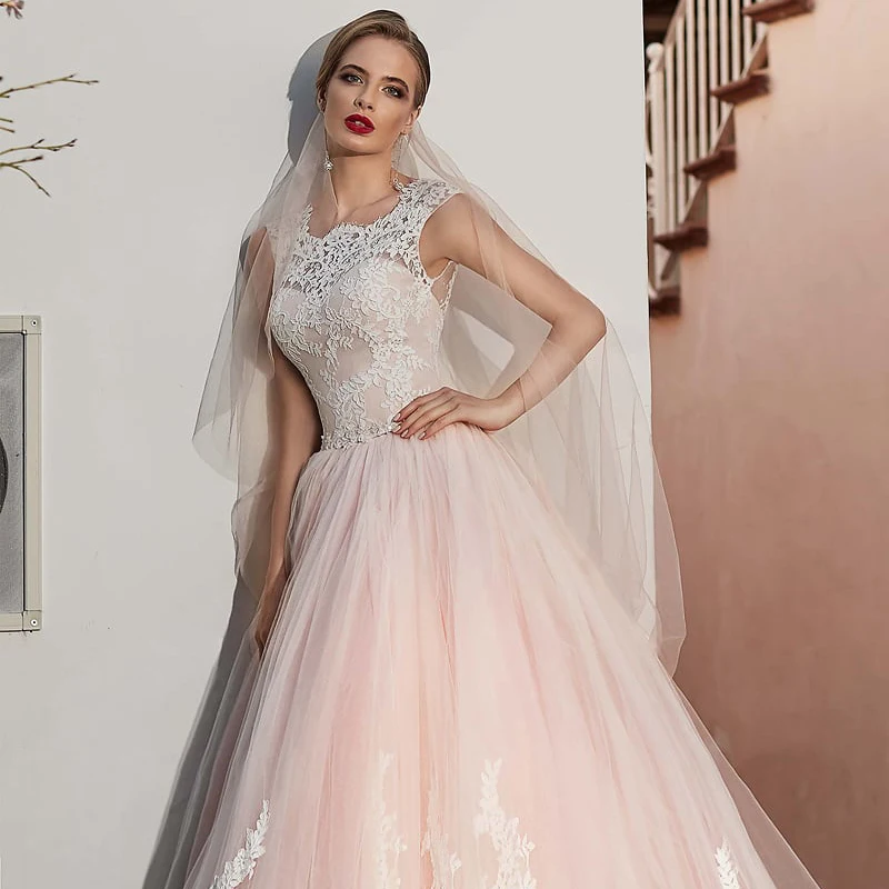 

Romantic Lace Wedding Gowns Jewel Sleeveless Pink Vestido de Novia 2020 Custom Made Ball Gown Bride Dress