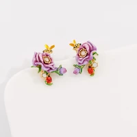 jaeeyin 2020 delicate enamel rose flower gold color bee ladybirds colorful enamel leaves stud earrings clip new year gift girls