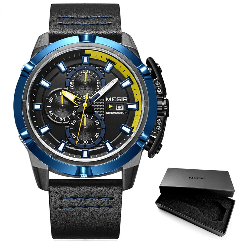 ML2062G-Blue MEGIR гоночная серия хронограф кварцевые часы для мужчин модный кожаный ремешок водонепроницаемые аналоговые наручные часы fro Man 2062BKBN - Цвет: ML2062G-Blue