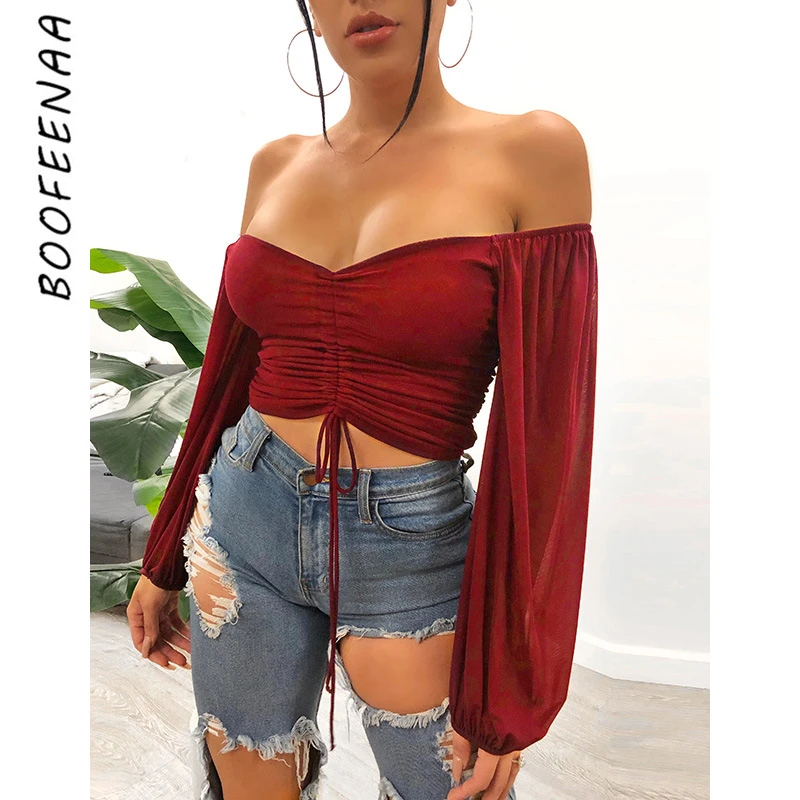 Женская сетчатая блузка BOOFEENAA укороченный топ с длинными рукавами и v образным