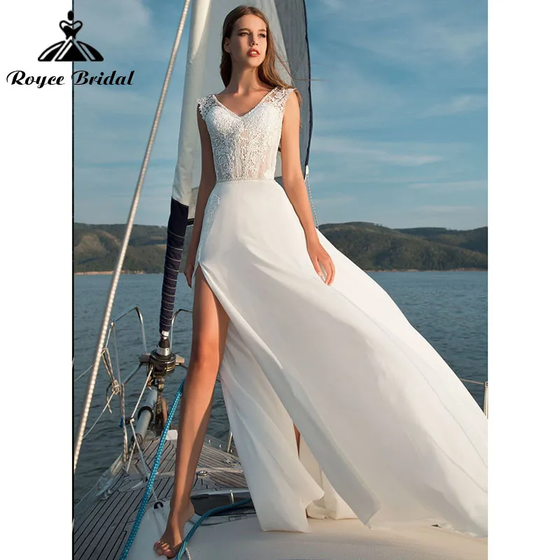 

Пляжное свадебное платье А-силуэта с накидкой и V-образным вырезом, шифоновое платье невесты с разрезом сбоку, платья с коротким шлейфом 2022