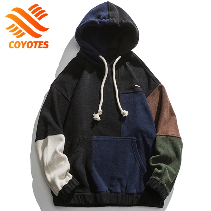 

COYOTES Hoodie Men Sweatshirt Contrast Stitching Pullovers Men's Soft Warm Japanese Fashion Hoodies Casual Couple Streetwear