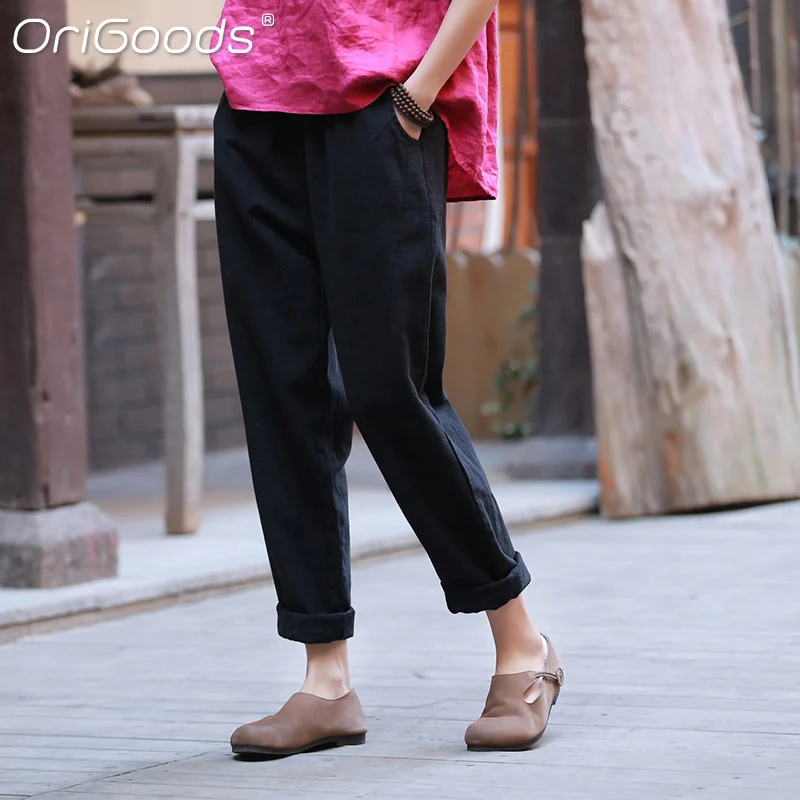 Оригинальные винтажные женские брюки весна-осень хлопковые льняные прямые
