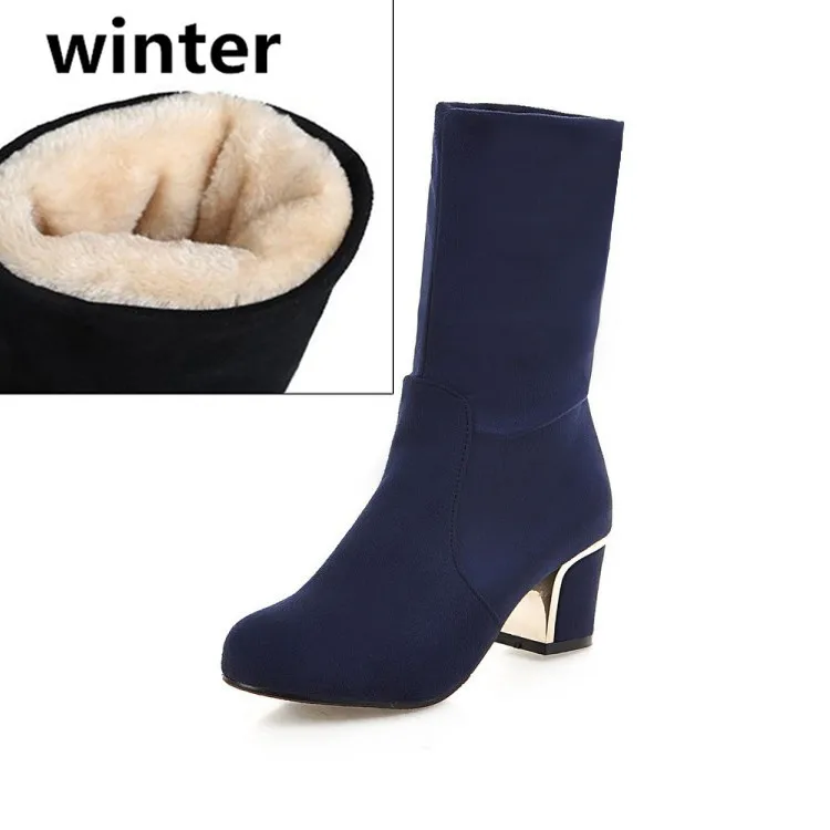 blue winter YMECHIC/Коллекция года; сезон осень-зима; складывающиеся ботильоны из флока без застежки на высоком квадратном каблуке; женская обувь; цвет черный, синий; большие размеры - Цвет: blue winter