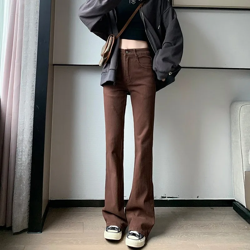 

GUUZYUVIZ Brown Flare Pants Denim High Waist Stretch Bell Bottom Jeans Woman Korean Casual Pantalones Vaqueros Mujer