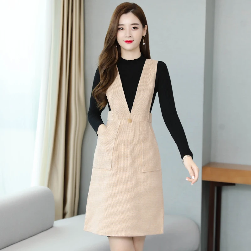 Стильное и удобное клетчатое платье осень зима новый ремень жилет Женское серый