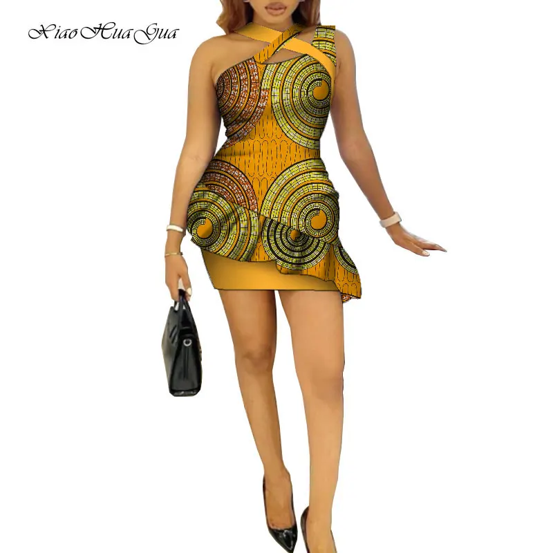 

2021 Ankara Print African Dresses for Women African Clothing Customized New African Print Bazin Riche Mini Sexy Dress WY162