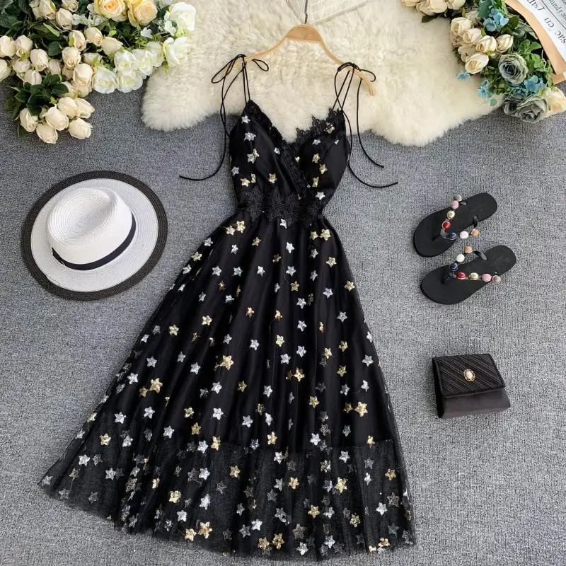 

Retro care machine SLING DRESS women's summer a star Sequin sexy Chic Dress