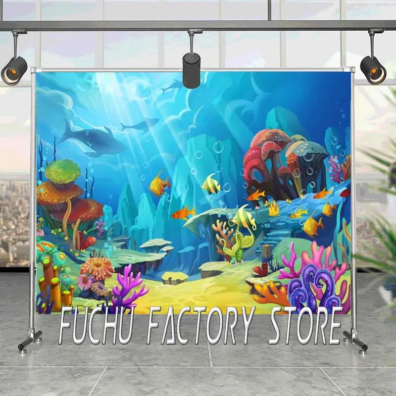 

Charming Undersea World Fish Baby Seaweed Shark Cartoon Background Boy Birthday Party Decorative Photography Studio Backdrop