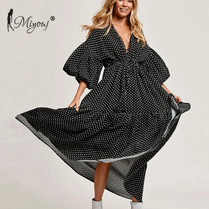 Miyouj модное пляжное платье в горошек с v-образным вырезом и пышными рукавами