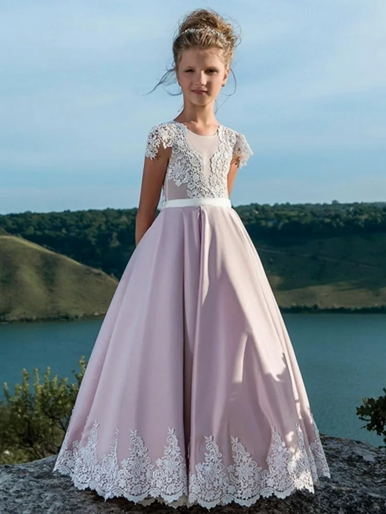 Розовые Атласные Платья с цветочным узором для девочек вечерние кружевные