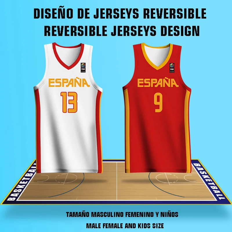 

Reversible Basketball Jerseys Full Sublimation Spain Letter Printed Team Name Logo Sports Training Quickly Dry Tracksuits Unisex