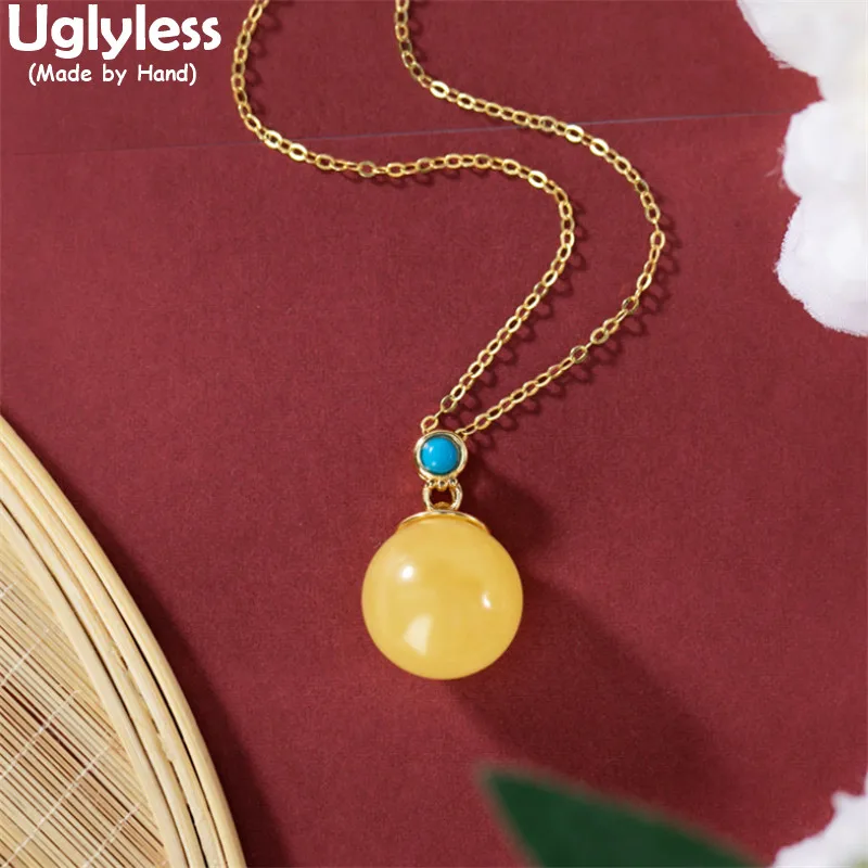 

Uglyless Natural Chicken Fat Amber Beeswax Pendants for Women Candy Gemstones Jewelry 925 Silver Turquoise Necklaces NO Chains