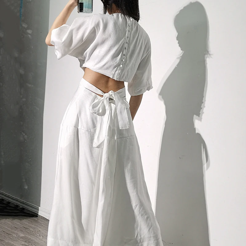 

XIZIHUPAN White Hollow Out Dress For Women O Neck Puff Short Sleeve High Waist Lace Up A Line Midi Dresses Females Summer Style