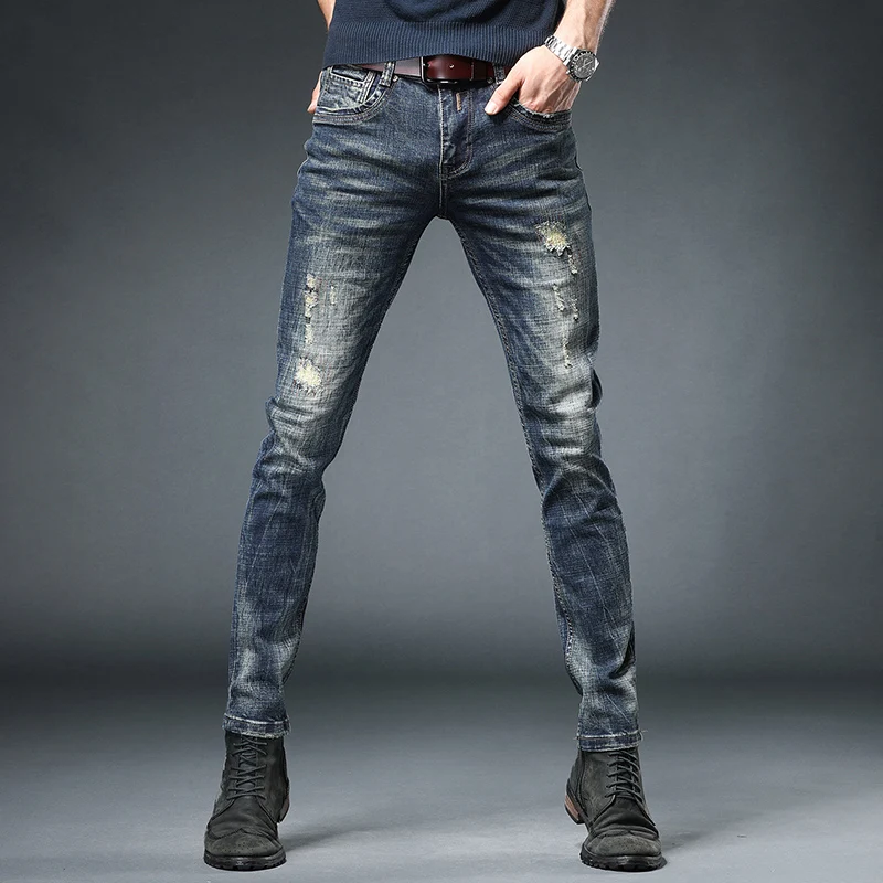 European Vintage Fashion Men Jeans Elastic Slim Fit Destroyed Ripped Jeans Men Retro Blue Embroidery Designer Cotton Denim Pants